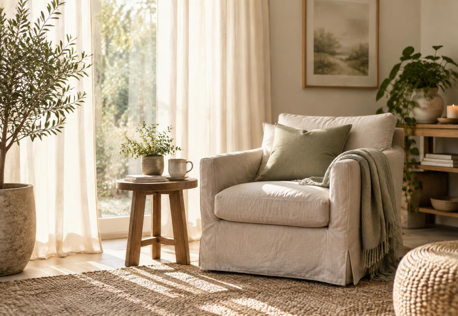 A quiet, sunlit room with a linen armchair and plants